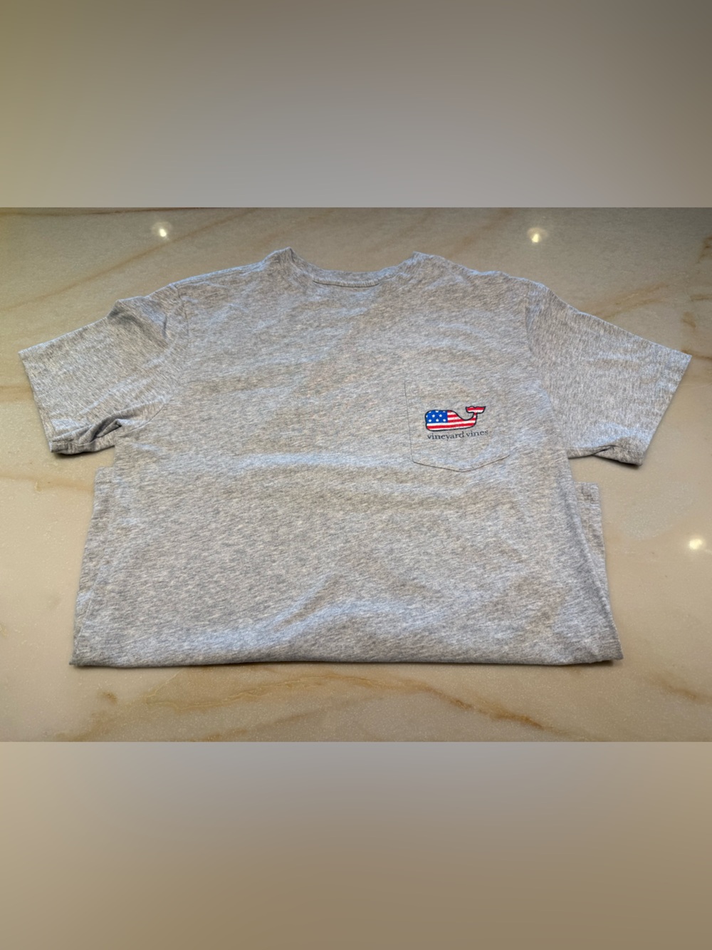 Vineyard Vines Heather Gray Tee with Patriotic Whale Pocket
